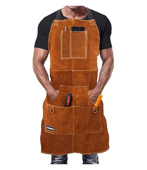 DELANTAL CUERO SOLDADOR CON 6 BOLSILLOS PARA HERRAMIENTAS