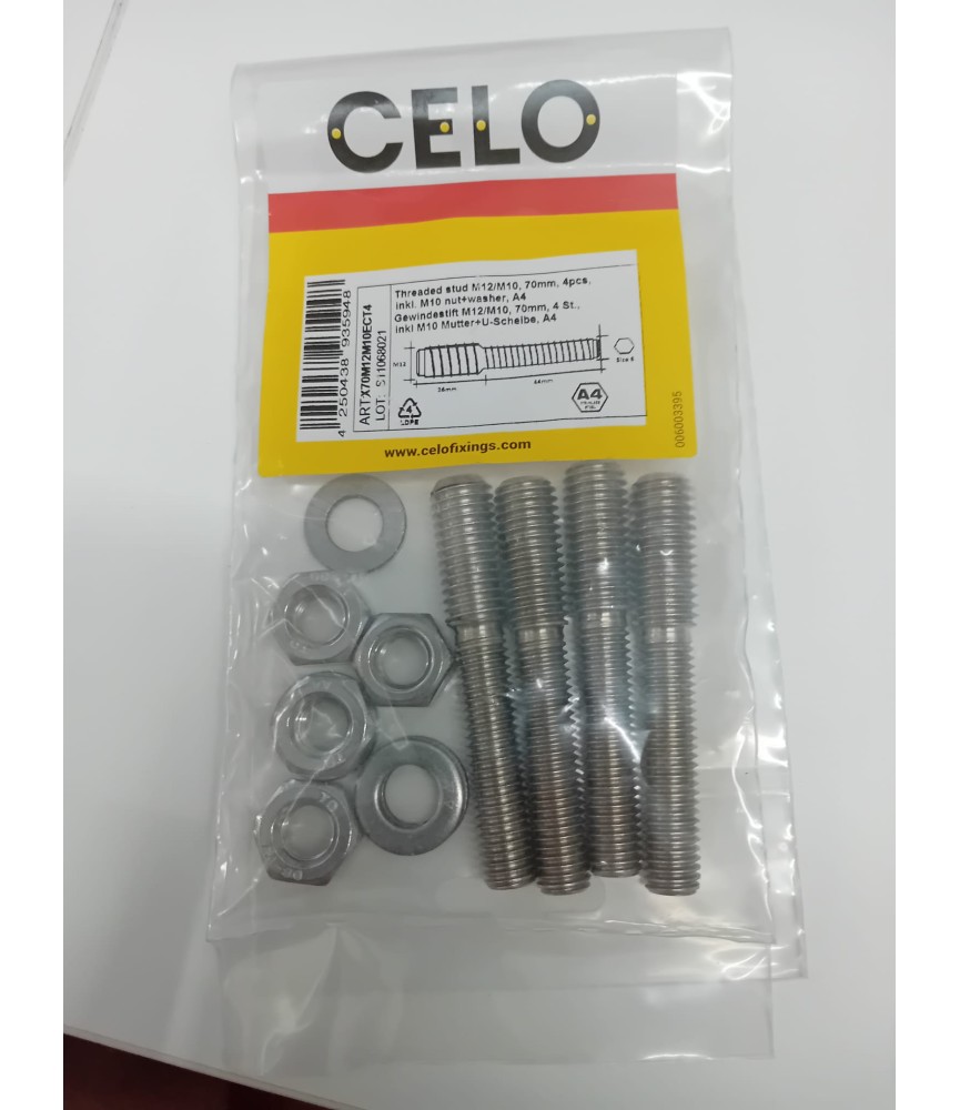 BLISTER 4 UNID.TORNILLO DOBLE ROSCA M12/M10 70 MM INOX A4 (INCLUYE TUERCA+ARANDELA)